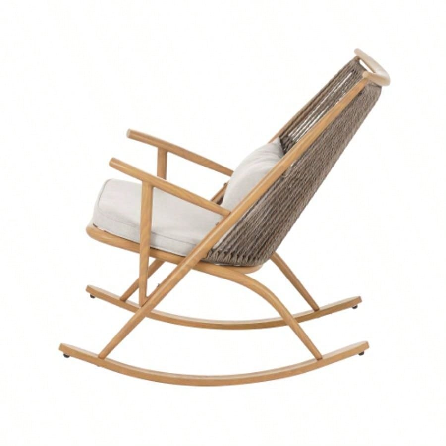 Outdoor Rocking Chair - Sturdy Iron Frame in Maple, Gray PE Rattan Backrest Light Gray Cushion