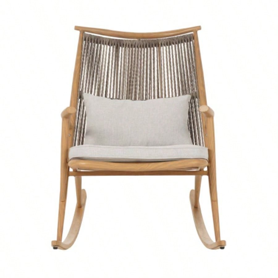Outdoor Rocking Chair - Sturdy Iron Frame in Maple, Gray PE Rattan Backrest Light Gray Cushion
