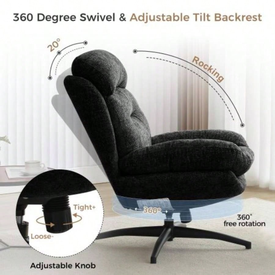 065C Rocking and Swivel Leisure chair lounge chair velvet BLACK color with ottoman