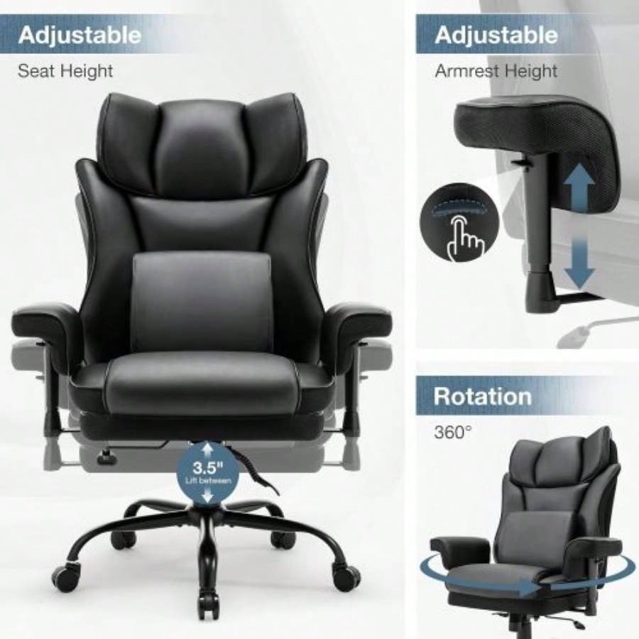 High Back Office Chair, 400lbs Rocking Desk Chair, Ergonomic Executive Office Chair with Adjustable Padded Armrest and Massage Lumbar Support, Adjustable Height Chair Black