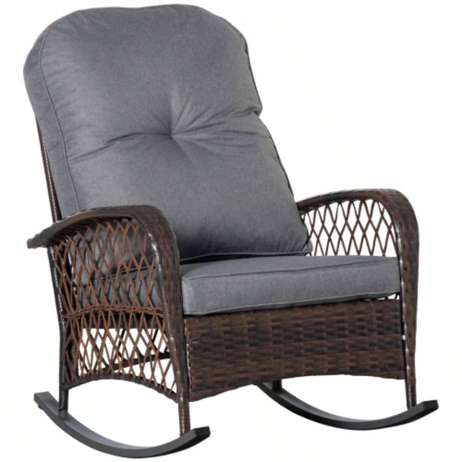 Outsunny Outdoor Wicker Rocking Chair with Wide, Thick, Soft Cushion, Rattan Rocker/Steel Frame, High Weight Capacity Patio, Garden, Backyard,