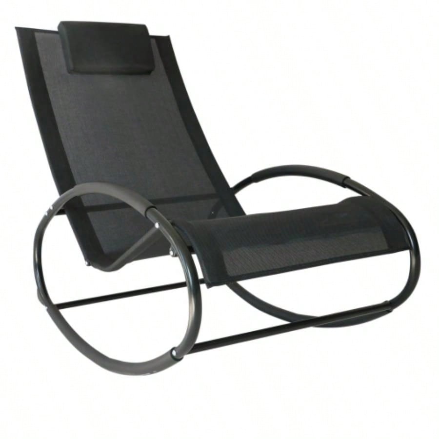 Outsunny Pool Lounger, Outdoor Rocking Lounge Chair Sunbathing, Pool, Beach, Porch with Pillow Cool Mesh, Tanning Rocker, Black