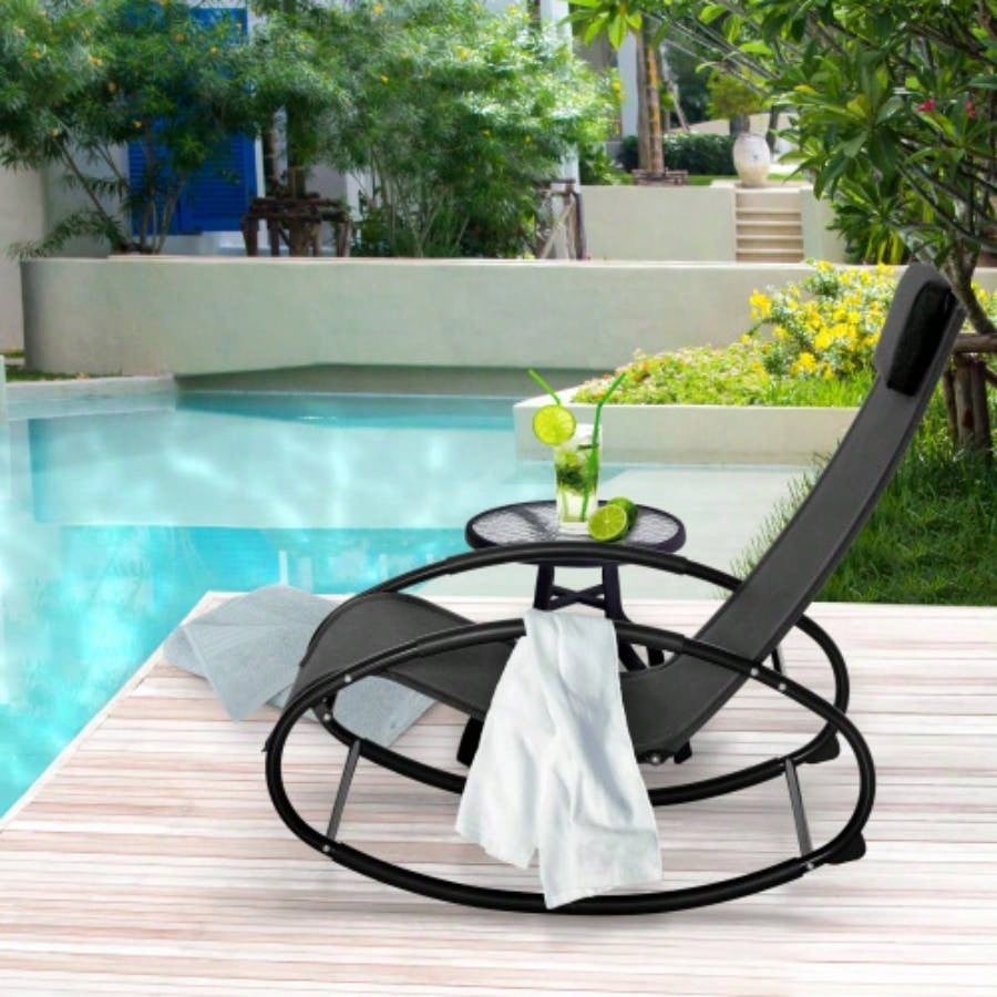 Outsunny Pool Lounger, Outdoor Rocking Lounge Chair Sunbathing, Pool, Beach, Porch with Pillow Cool Mesh, Tanning Rocker, Black
