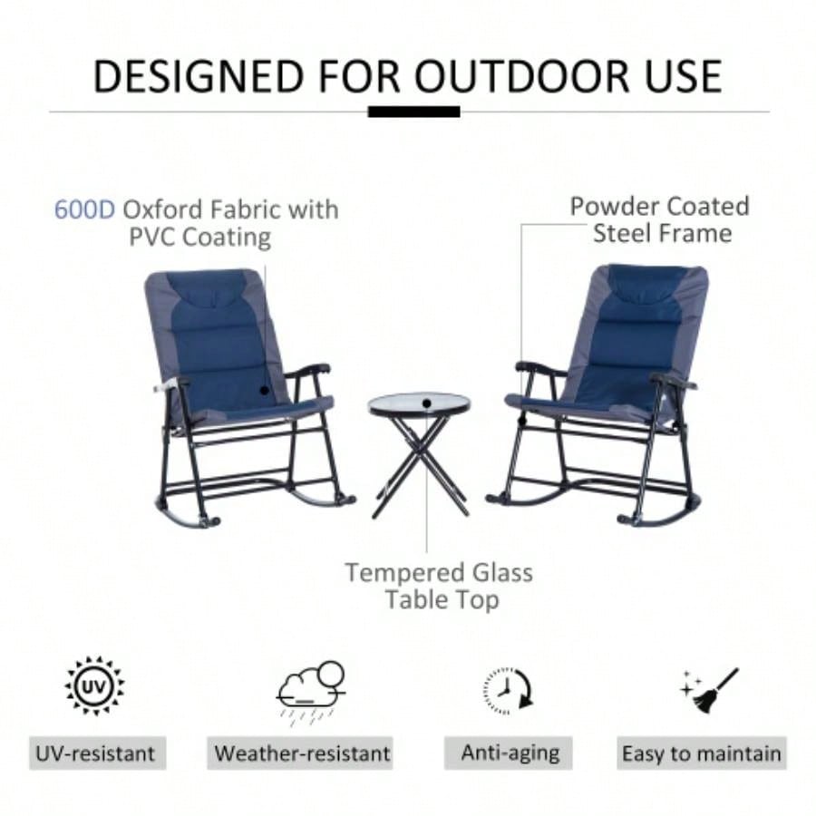 Outsunny 3 Piece Outdoor Patio Furniture Set with Glass Coffee Table 2 Folding Padded Rocking Chairs, Bistro Style Porch, Camping, Balcony, Navy Blue