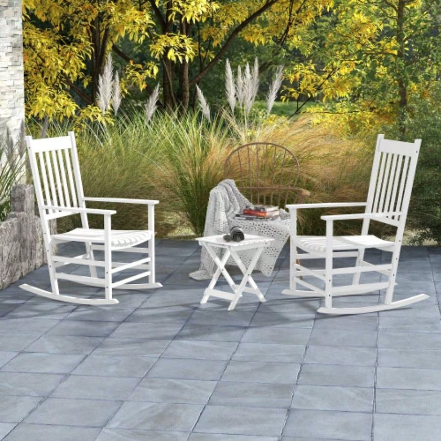 Outsunny Outdoor Rocking Chair Set of 2 with Side Table, Patio Wooden Rocking Chair with Smooth Armrests, High Back Garden, Balcony, Porch, Supports Up to 352 lbs. White