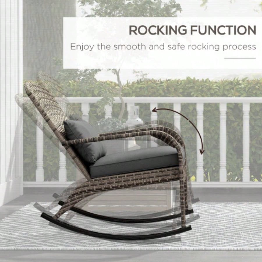 Outsunny Outdoor Wicker Adirondack Rocking Chair, Patio Rattan Rocker Chair with High Back, Cushion, and Pillow Garden, Porch, Balcony, Gray