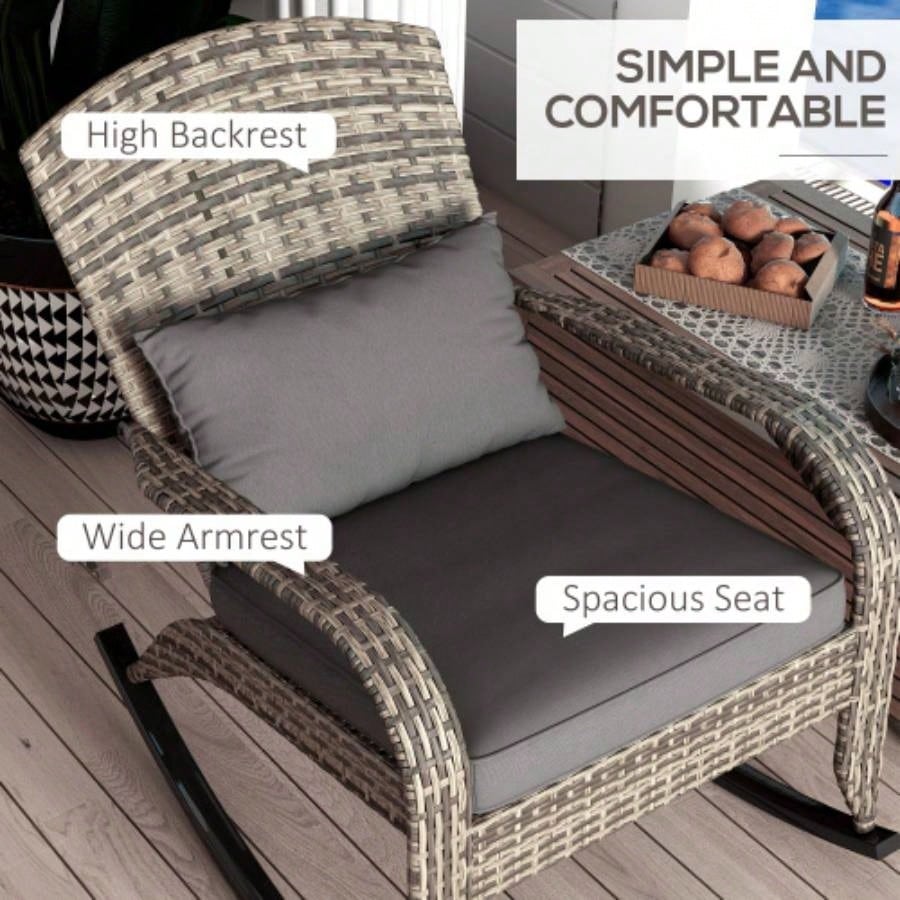 Outsunny Outdoor Wicker Adirondack Rocking Chair, Patio Rattan Rocker Chair with High Back, Cushion, and Pillow Garden, Porch, Balcony, Gray