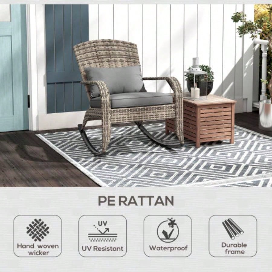 Outsunny Outdoor Wicker Adirondack Rocking Chair, Patio Rattan Rocker Chair with High Back, Cushion, and Pillow Garden, Porch, Balcony, Gray