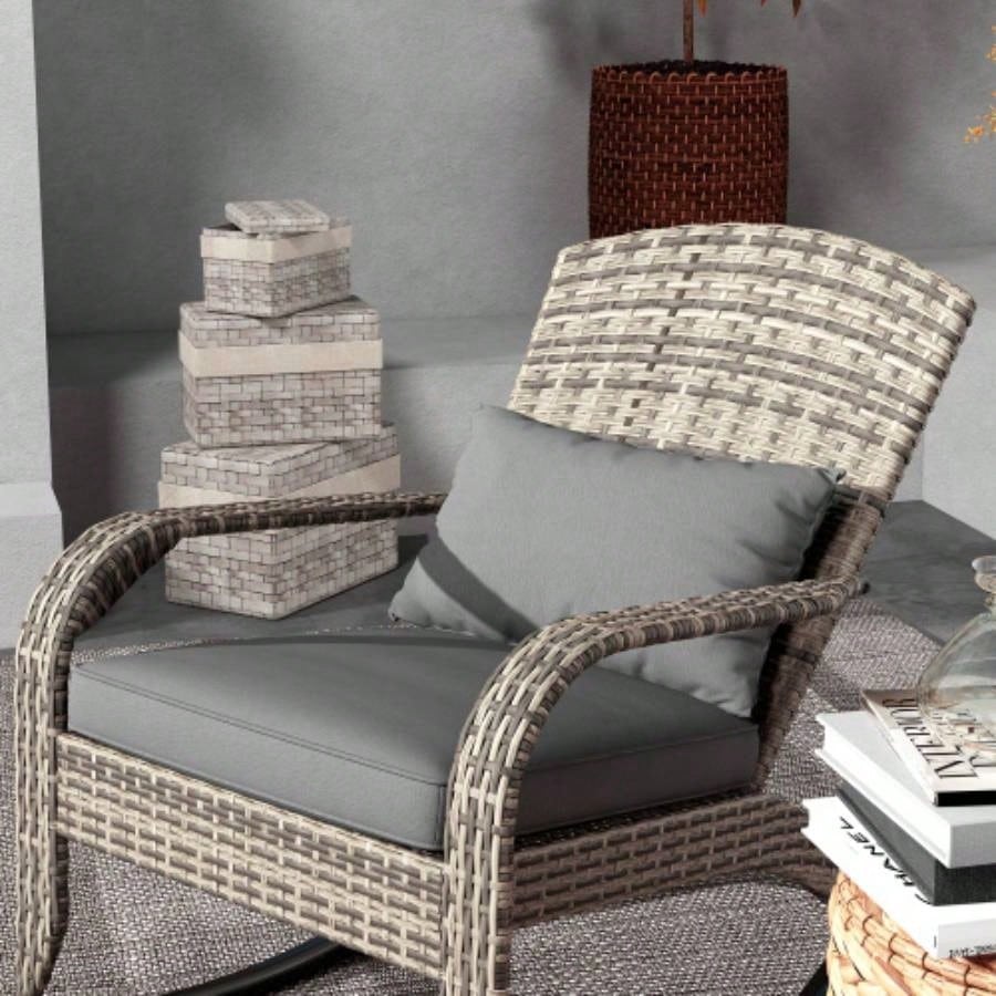 Outsunny Outdoor Wicker Adirondack Rocking Chair, Patio Rattan Rocker Chair with High Back, Cushion, and Pillow Garden, Porch, Balcony, Gray