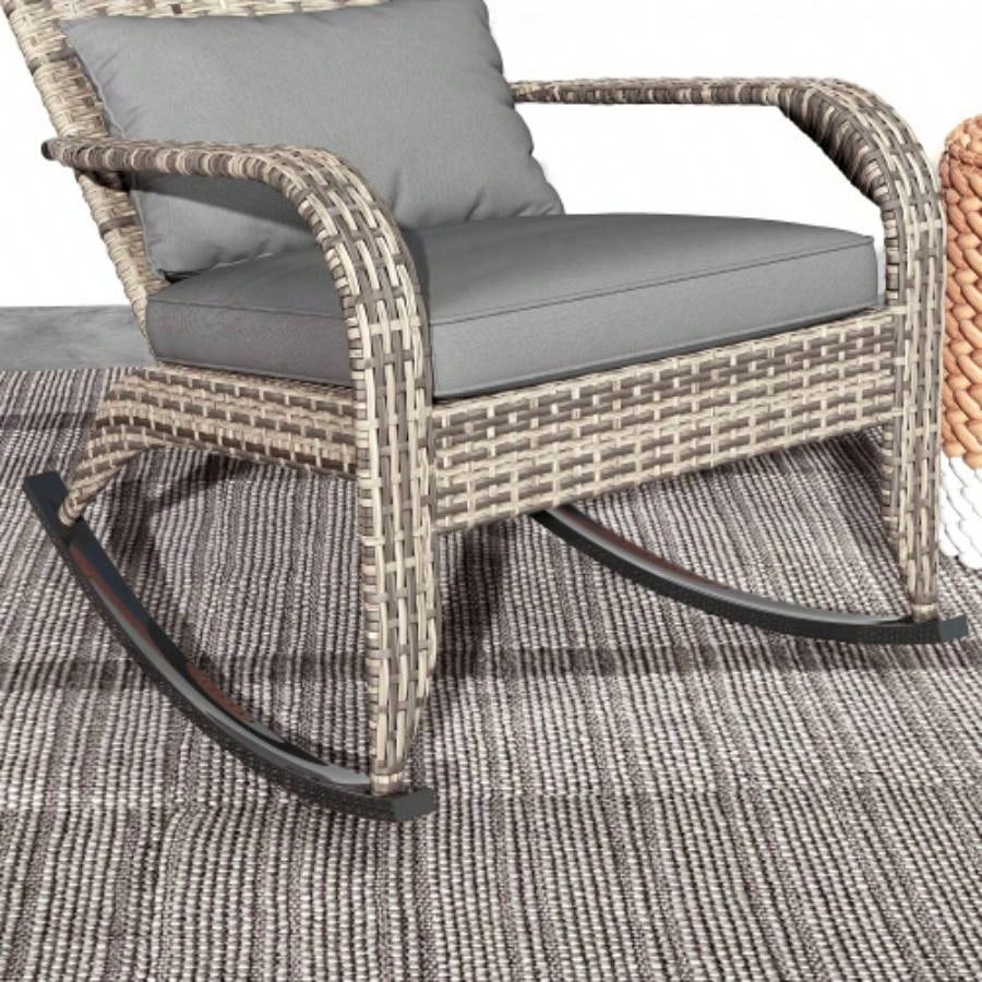 Outsunny Outdoor Wicker Adirondack Rocking Chair, Patio Rattan Rocker Chair with High Back, Cushion, and Pillow Garden, Porch, Balcony, Gray
