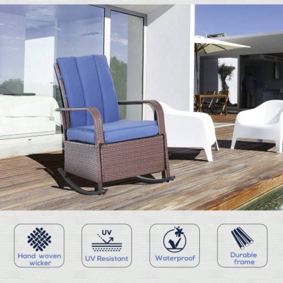 Outsunny Wicker Outdoor Rocking Chair, Patio Recliner with Adjustment Backrest, PE Rattan Lounge Chair with Adjustable Footrest and Cushions Garden, Backyard, Porch, Blue