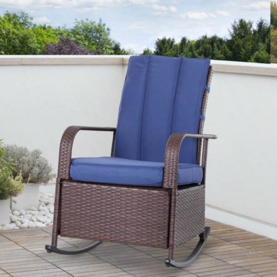 Outsunny Wicker Outdoor Rocking Chair, Patio Recliner with Adjustment Backrest, PE Rattan Lounge Chair with Adjustable Footrest and Cushions Garden, Backyard, Porch, Blue