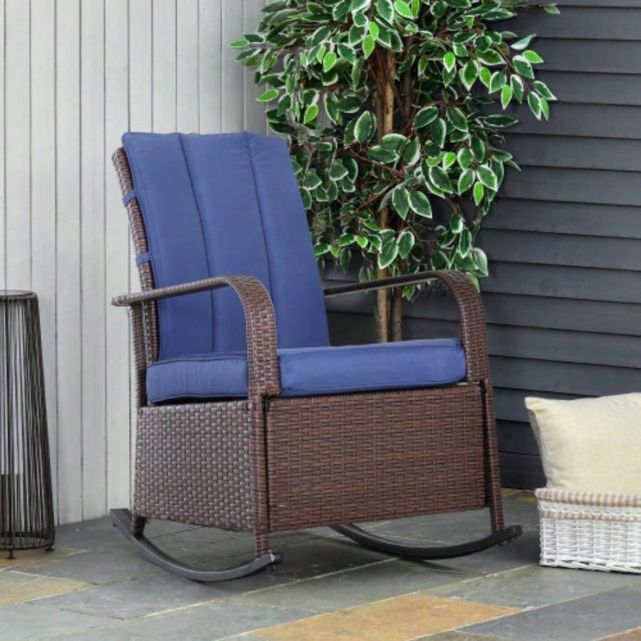 Outsunny Wicker Outdoor Rocking Chair, Patio Recliner with Adjustment Backrest, PE Rattan Lounge Chair with Adjustable Footrest and Cushions Garden, Backyard, Porch, Blue