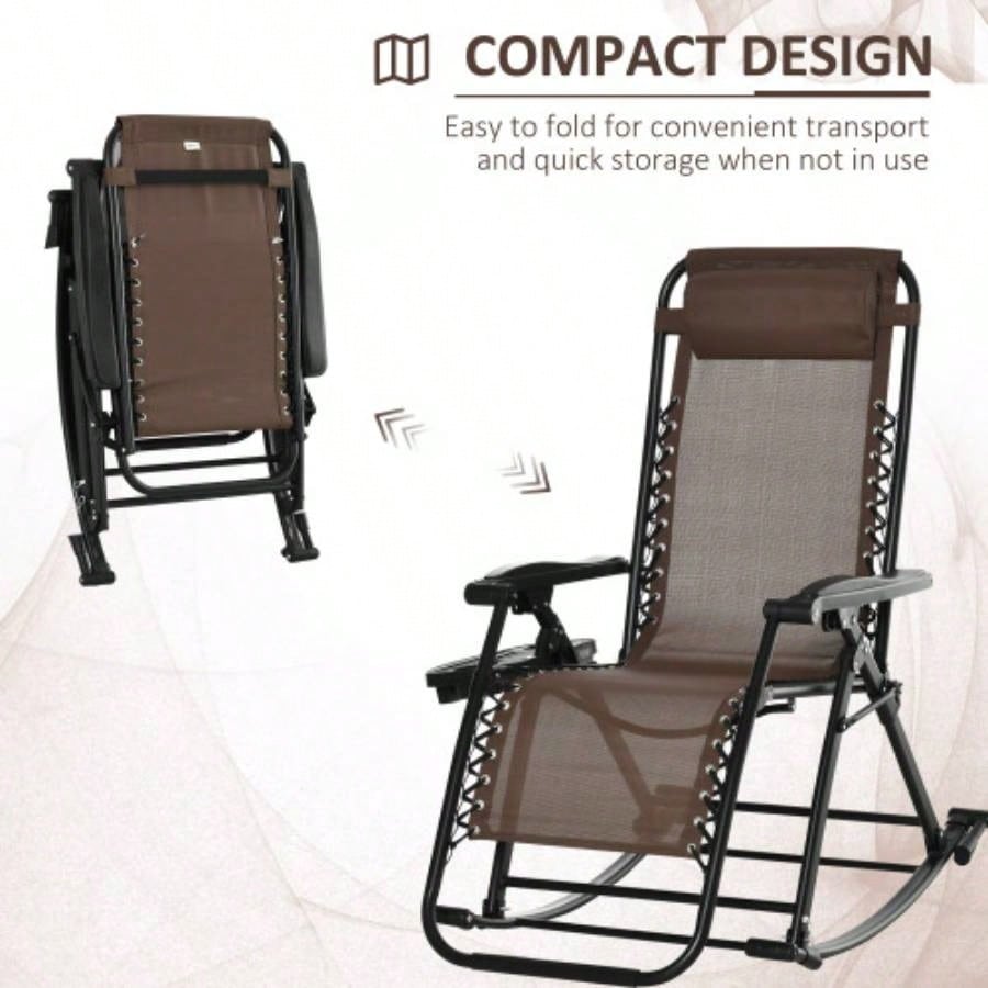 Outdoor Rocking Chairs, Foldable Reclining Zero Lounge Rocker/ Pillow, Cup Phone Holder, Combo Design/ Folding, Brown