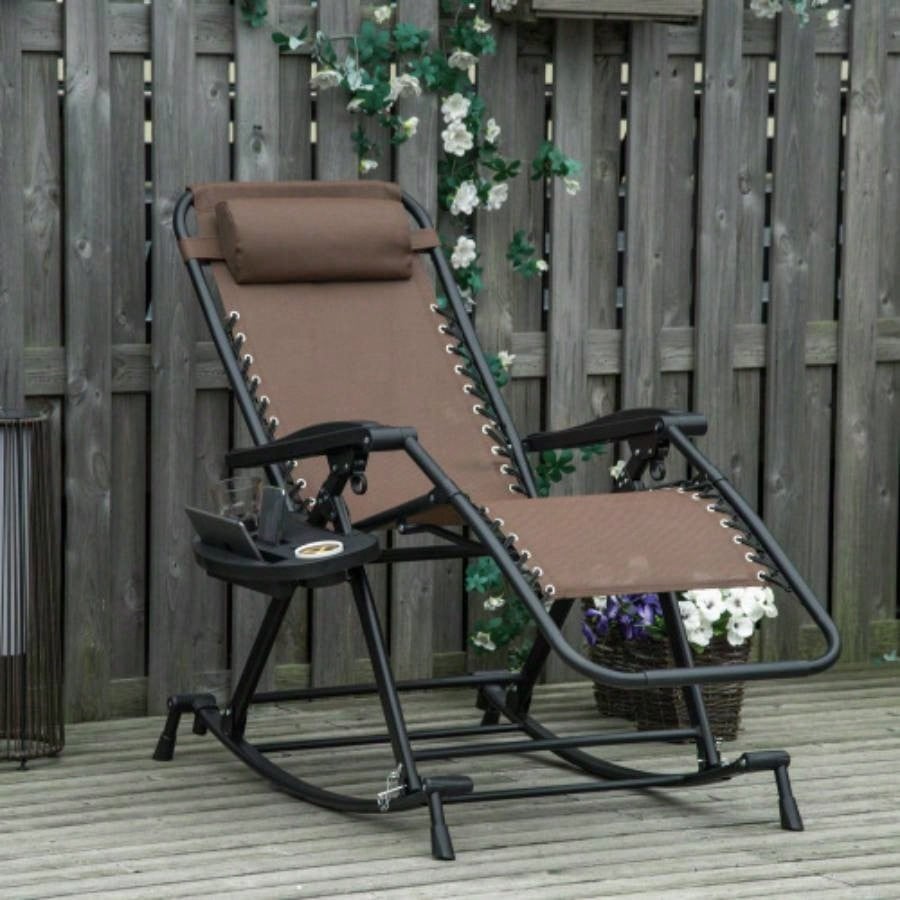 Outdoor Rocking Chairs, Foldable Reclining Zero Lounge Rocker/ Pillow, Cup Phone Holder, Combo Design/ Folding, Brown