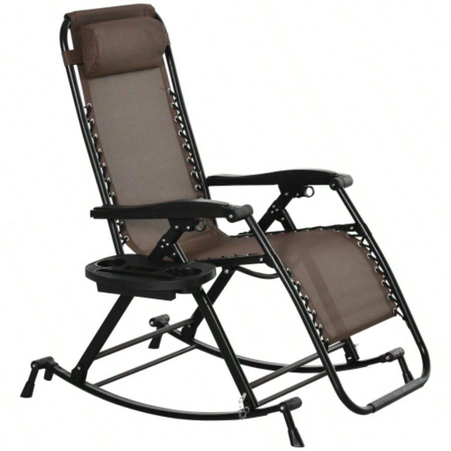 Outdoor Rocking Chairs, Foldable Reclining Zero Lounge Rocker/ Pillow, Cup Phone Holder, Combo Design/ Folding, Brown