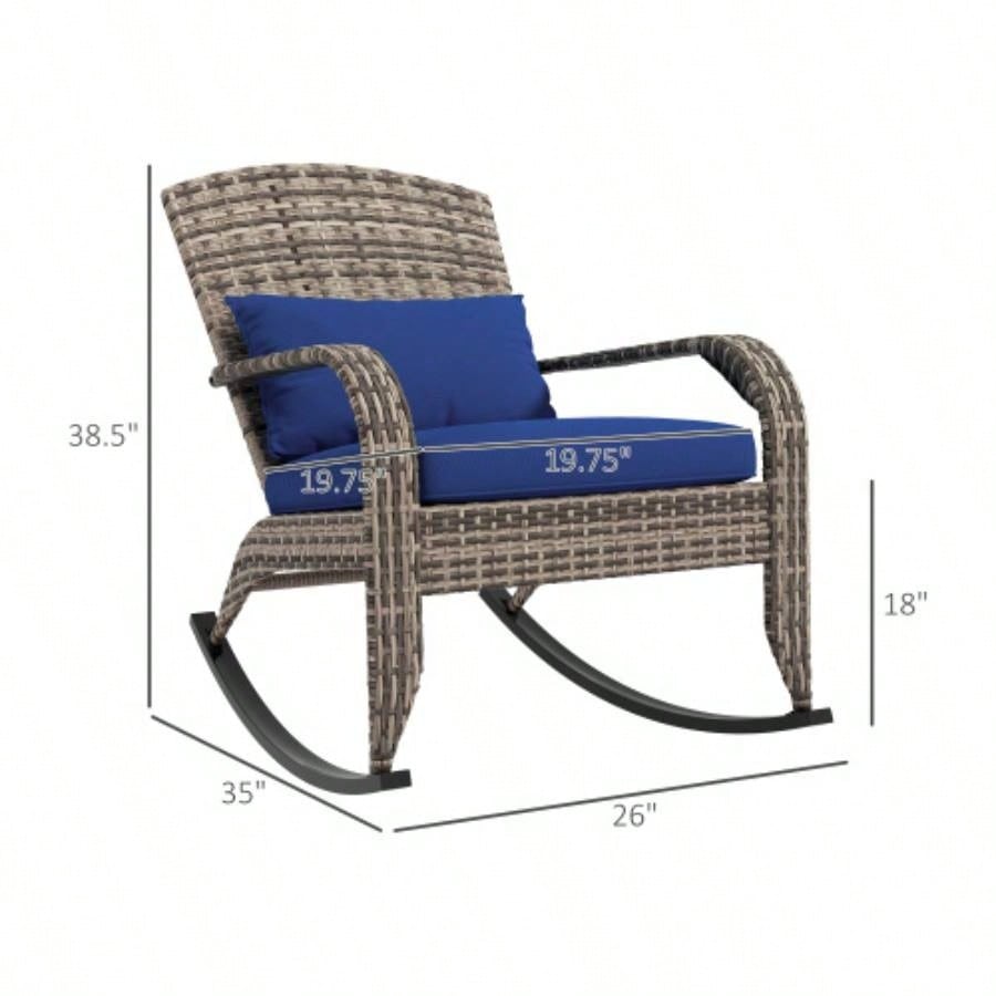 Outsunny Outdoor Wicker Adirondack Rocking Chair, Patio Rattan Rocker Chair with High Back, Cushion, and Pillow Garden, Porch, Balcony, Dark Blue