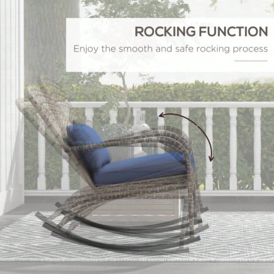 Outsunny Outdoor Wicker Adirondack Rocking Chair, Patio Rattan Rocker Chair with High Back, Cushion, and Pillow Garden, Porch, Balcony, Dark Blue