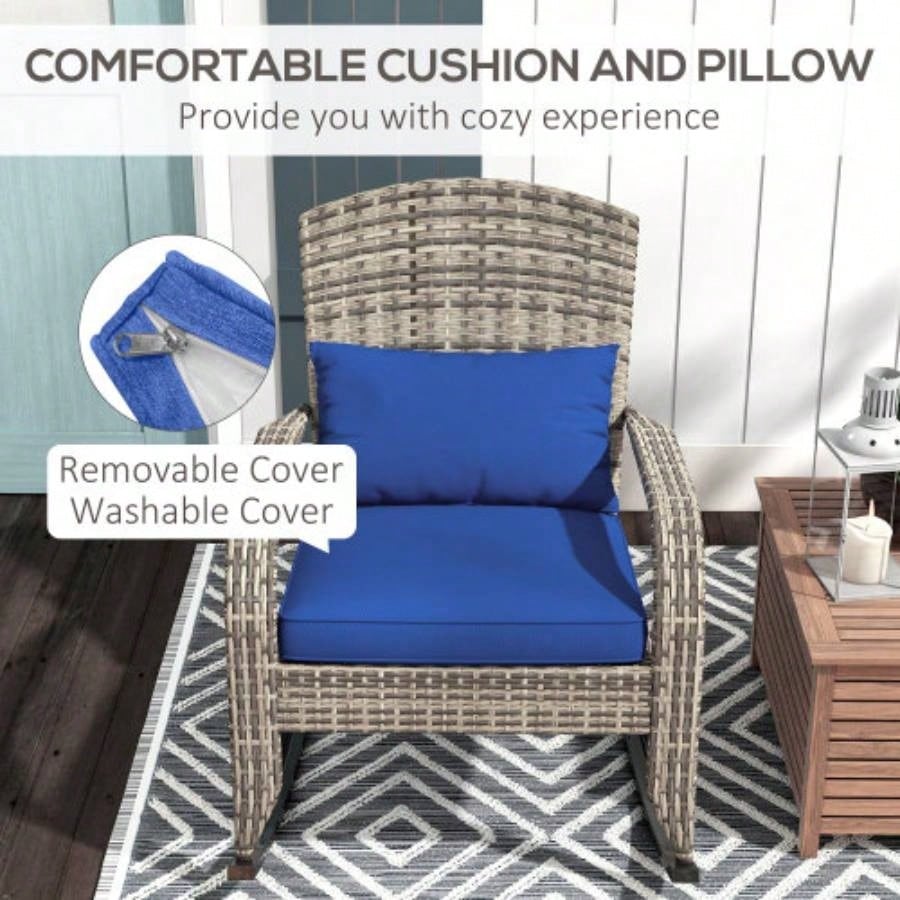 Outsunny Outdoor Wicker Adirondack Rocking Chair, Patio Rattan Rocker Chair with High Back, Cushion, and Pillow Garden, Porch, Balcony, Dark Blue
