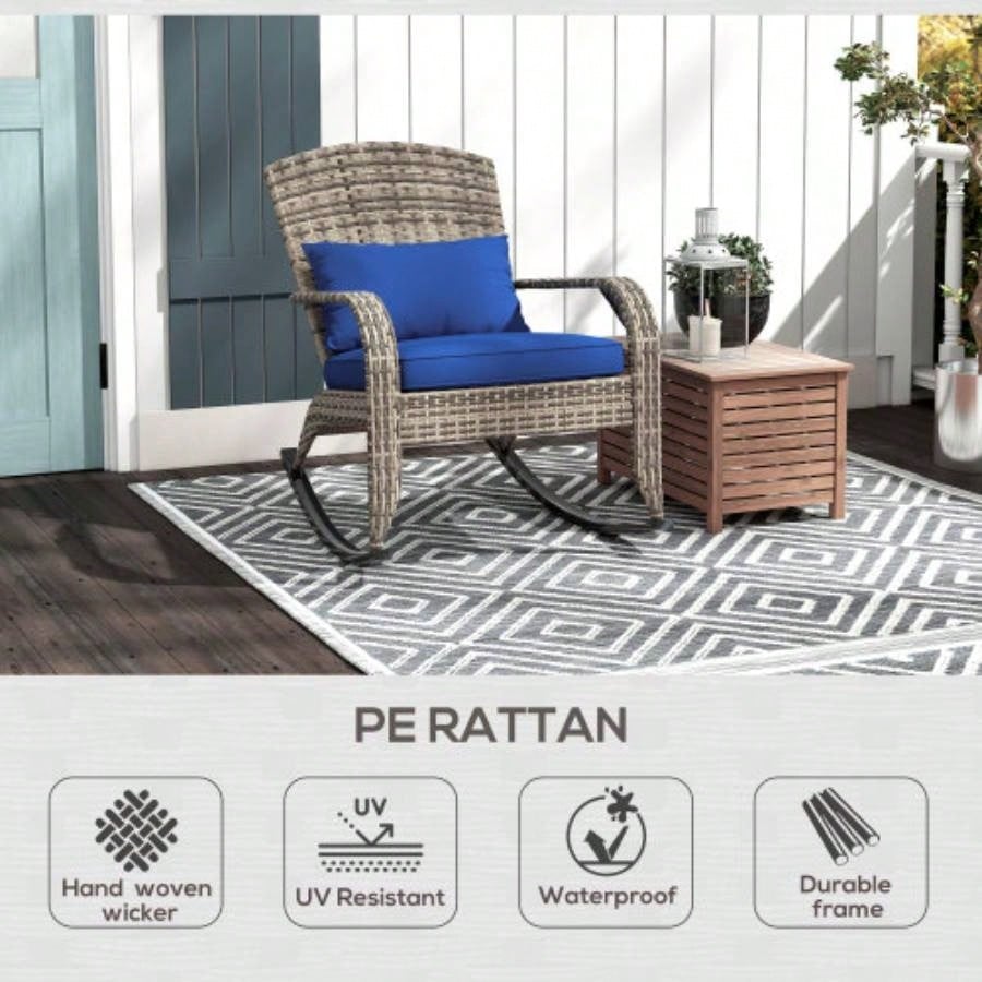 Outsunny Outdoor Wicker Adirondack Rocking Chair, Patio Rattan Rocker Chair with High Back, Cushion, and Pillow Garden, Porch, Balcony, Dark Blue