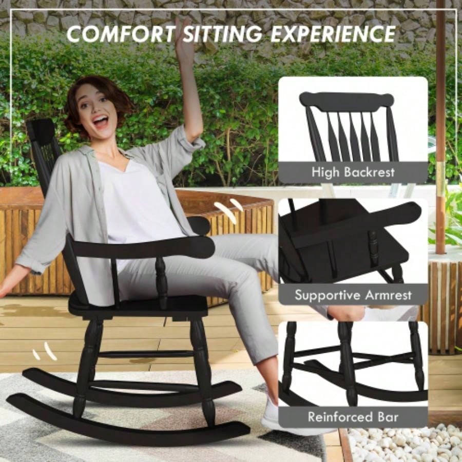Outsunny Outdoor Wood Rocking Chair, 350 lbs. Porch Rocker with High Back Garden, Patio, Balcony, Black
