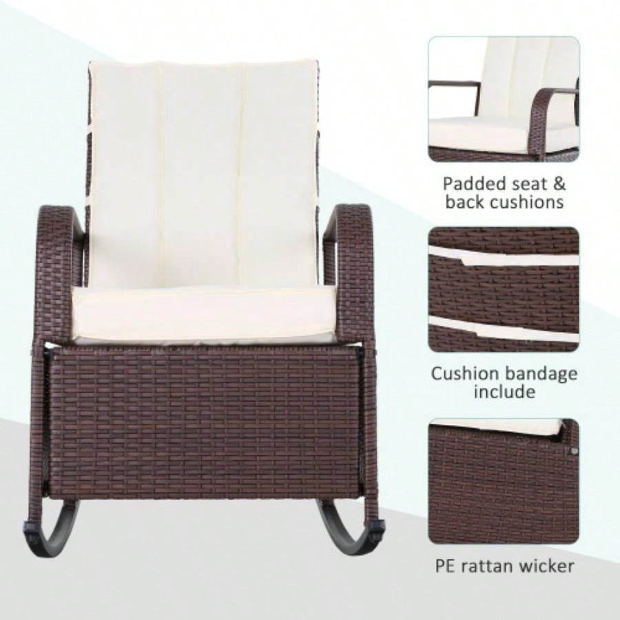 Outsunny Wicker Outdoor Rocking Chair, Patio Recliner with Adjustment Backrest, PE Rattan Lounge Chair with Adjustable Footrest and Cushions Garden, Backyard, Porch, Beige