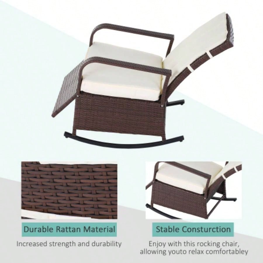 Outsunny Wicker Outdoor Rocking Chair, Patio Recliner with Adjustment Backrest, PE Rattan Lounge Chair with Adjustable Footrest and Cushions Garden, Backyard, Porch, Beige