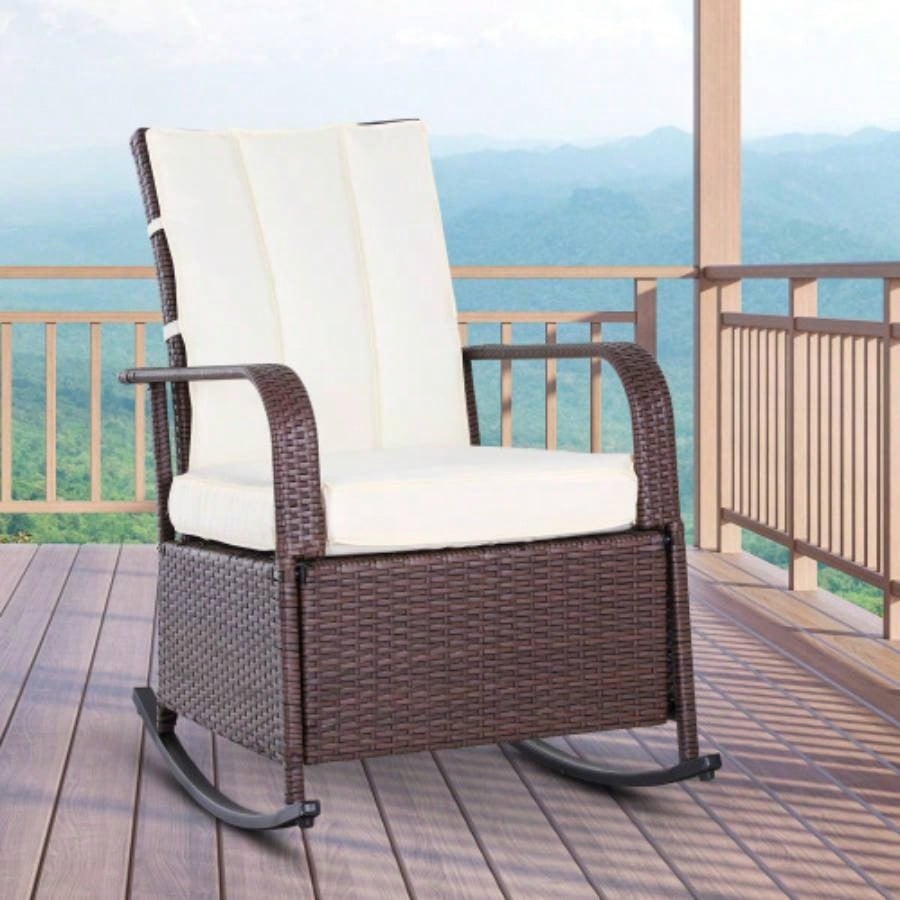 Outsunny Wicker Outdoor Rocking Chair, Patio Recliner with Adjustment Backrest, PE Rattan Lounge Chair with Adjustable Footrest and Cushions Garden, Backyard, Porch, Beige