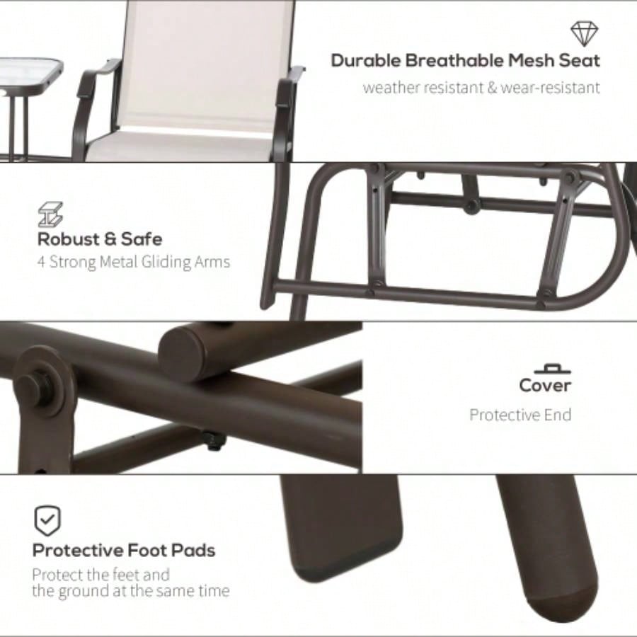 Outsunny Outdoor Glider Chairs with Coffee Table, Patio 2 - Rocking Chair Swing Loveseat with Breathable Sling Backyard, Garden, and Porch, Beige