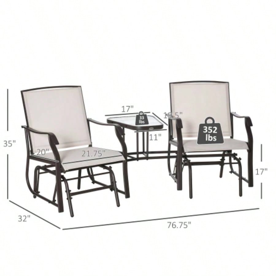 Outsunny Outdoor Glider Chairs with Coffee Table, Patio 2 - Rocking Chair Swing Loveseat with Breathable Sling Backyard, Garden, and Porch, Beige