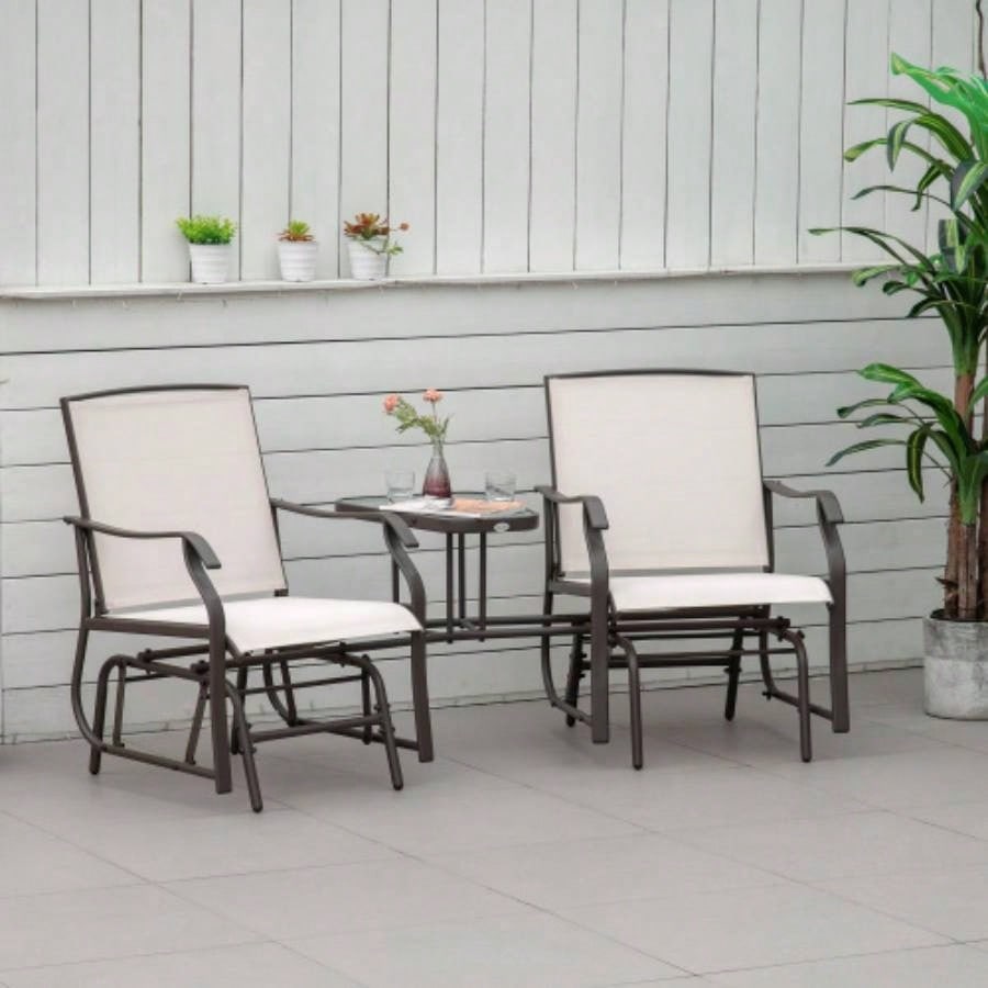 Outsunny Outdoor Glider Chairs with Coffee Table, Patio 2 - Rocking Chair Swing Loveseat with Breathable Sling Backyard, Garden, and Porch, Beige
