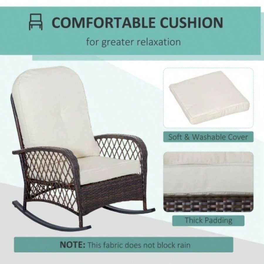 Outsunny Outdoor Wicker Rocking Chair with Wide, Thick, Soft Cushion, Rattan Rocker/Steel Frame, High Weight Capacity Patio, Garden, Backyard, White