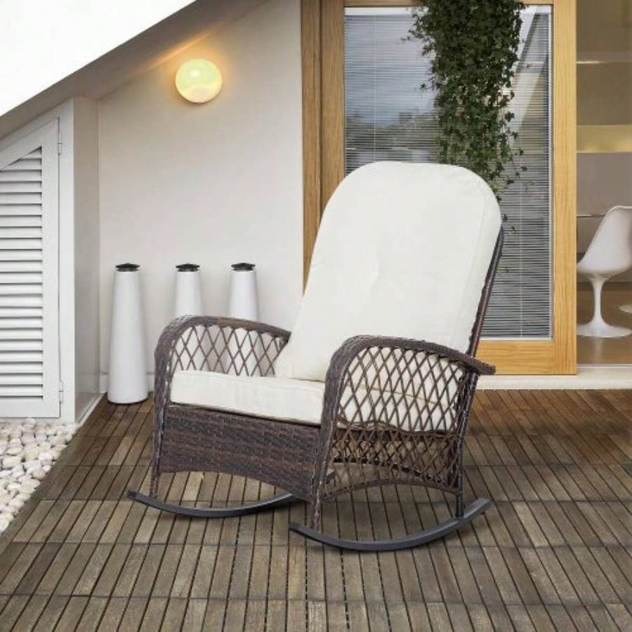 Outsunny Outdoor Wicker Rocking Chair with Wide, Thick, Soft Cushion, Rattan Rocker/Steel Frame, High Weight Capacity Patio, Garden, Backyard, White