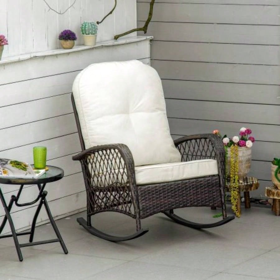Outsunny Outdoor Wicker Rocking Chair with Wide, Thick, Soft Cushion, Rattan Rocker/Steel Frame, High Weight Capacity Patio, Garden, Backyard, White