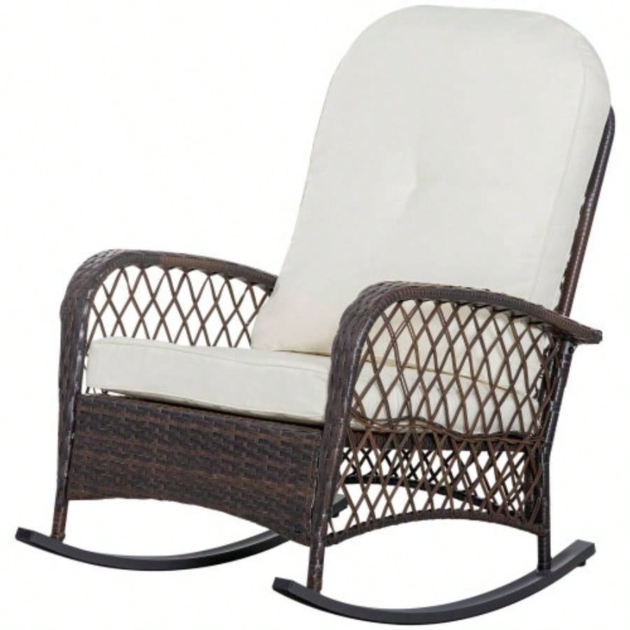 Outsunny Outdoor Wicker Rocking Chair with Wide, Thick, Soft Cushion, Rattan Rocker/Steel Frame, High Weight Capacity Patio, Garden, Backyard, White