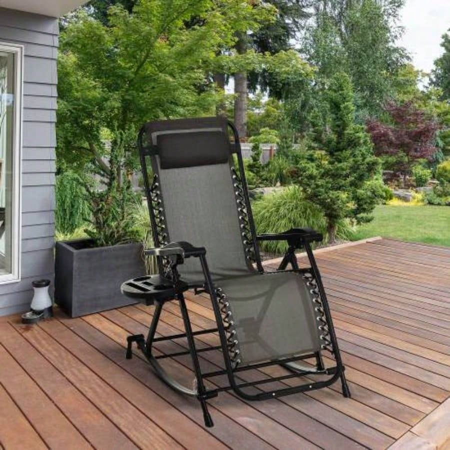 Outdoor Rocking Chairs, Foldable Reclining Anti Lounge Rocker/ Pillow, Cup Phone Holder, Combo Design/ Folding, Gray