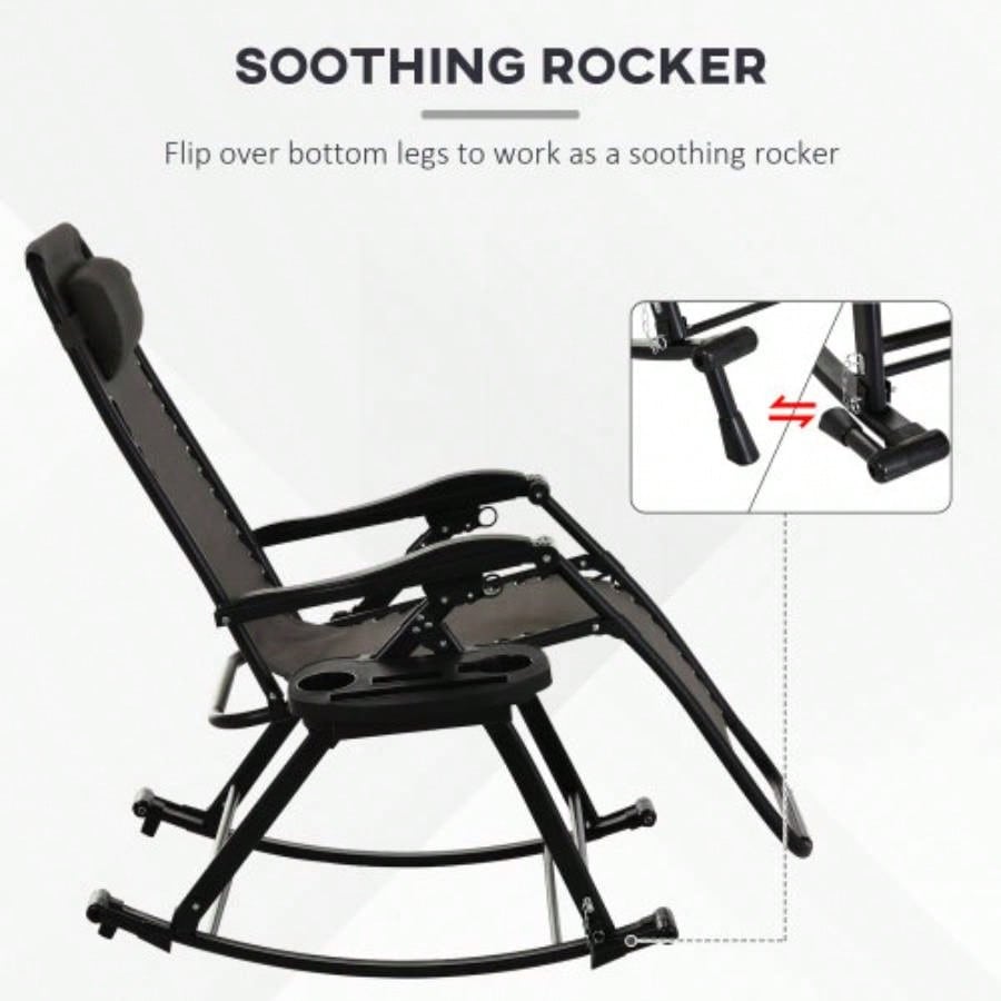 Outdoor Rocking Chairs, Foldable Reclining Anti Lounge Rocker/ Pillow, Cup Phone Holder, Combo Design/ Folding, Gray