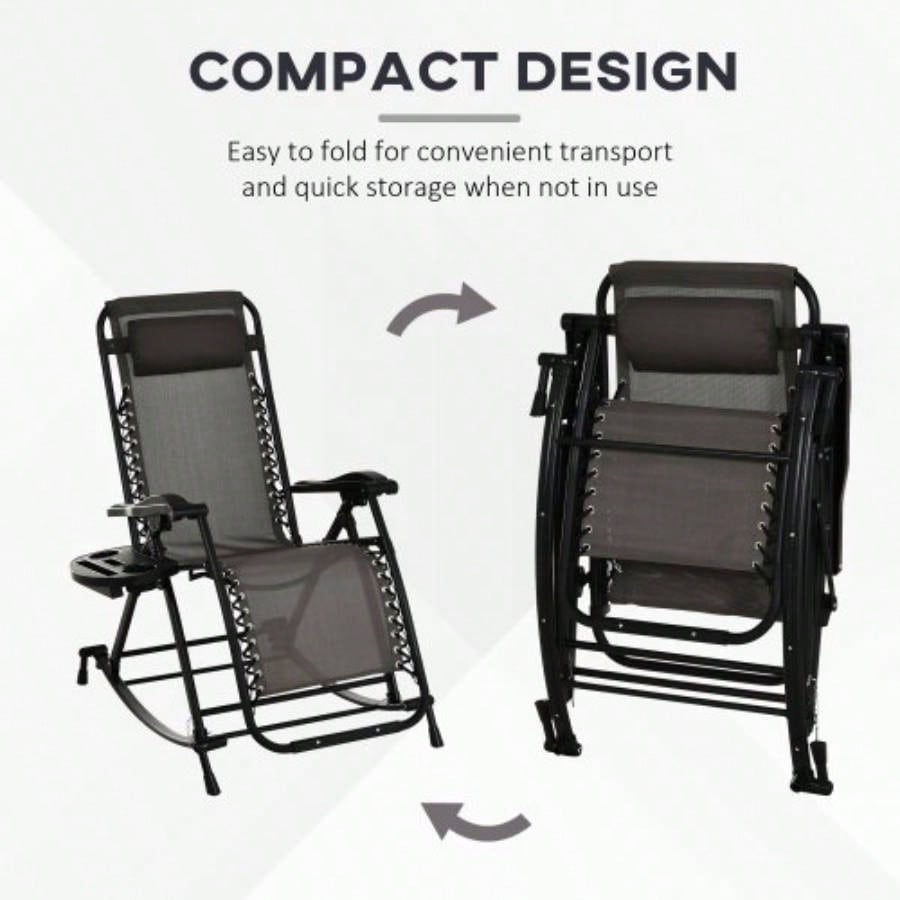 Outdoor Rocking Chairs, Foldable Reclining Anti Lounge Rocker/ Pillow, Cup Phone Holder, Combo Design/ Folding, Gray
