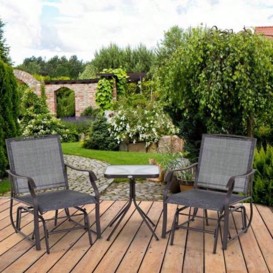 Outsunny 3 Piece Outdoor Glider Chair with Coffee Table Bistro Set, 2 Patio Rocking Swing Chairs with Breathable Sling Fabric, Glass Tabletop, Backyard, Garden and Porch, Gray
