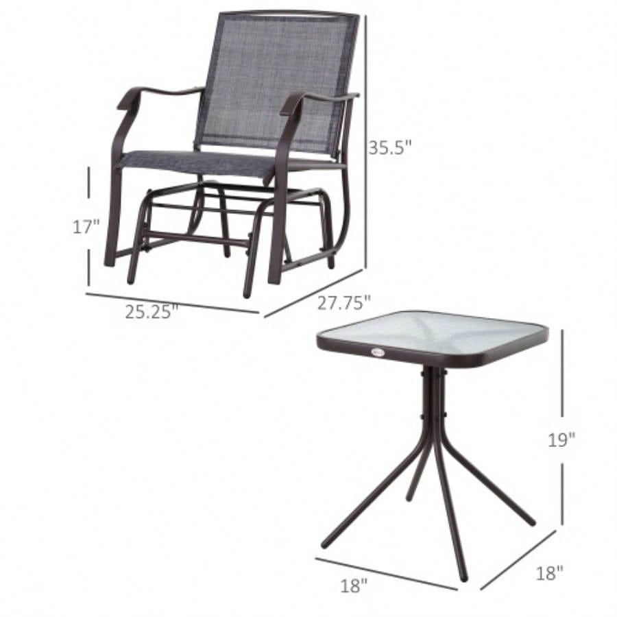 Outsunny 3 Piece Outdoor Glider Chair with Coffee Table Bistro Set, 2 Patio Rocking Swing Chairs with Breathable Sling Fabric, Glass Tabletop, Backyard, Garden and Porch, Gray