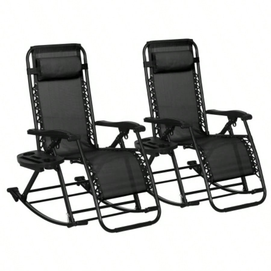 Outsunny 2 Pieces Outdoor Rocking Chairs, Foldable Reclining Zero Lounge Rocker with Pillow, Cup Phone Holder, Combo Design with Folding, Black