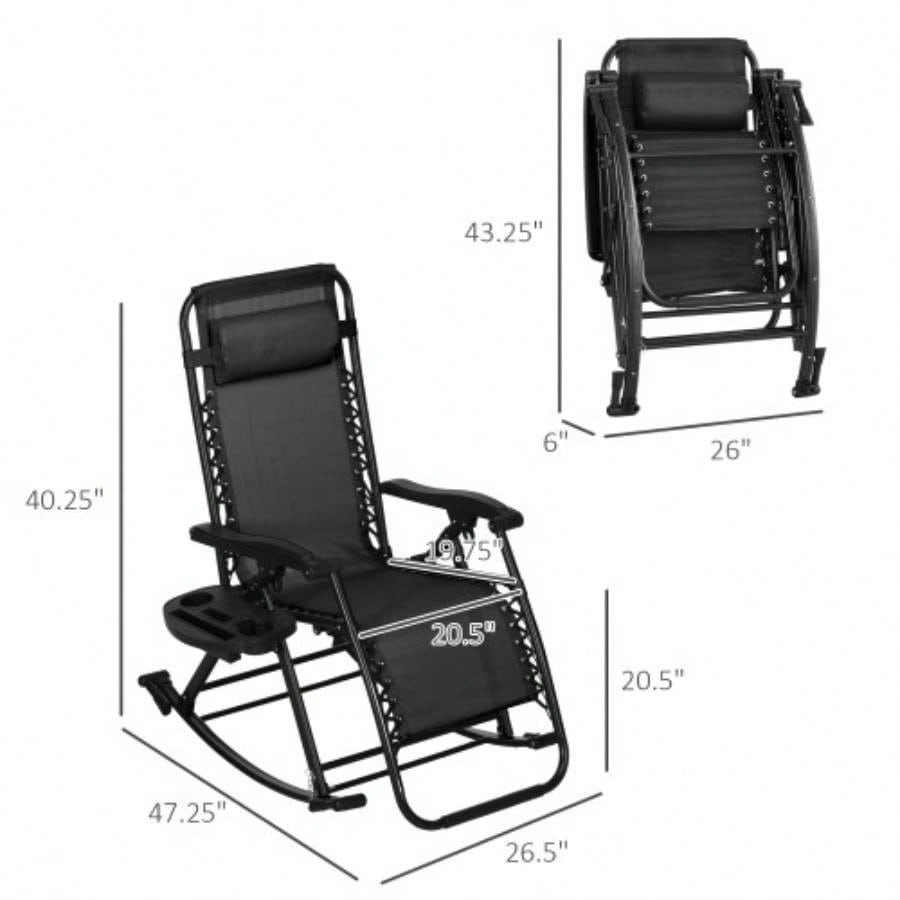 Outsunny 2 Pieces Outdoor Rocking Chairs, Foldable Reclining Zero Lounge Rocker with Pillow, Cup Phone Holder, Combo Design with Folding, Black