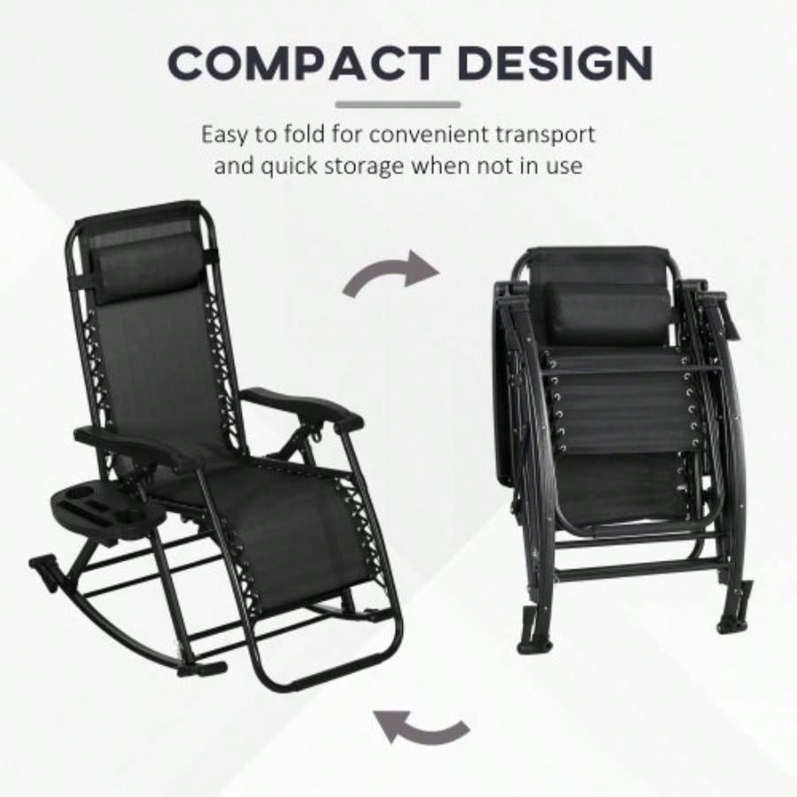Outsunny 2 Pieces Outdoor Rocking Chairs, Foldable Reclining Zero Lounge Rocker with Pillow, Cup Phone Holder, Combo Design with Folding, Black