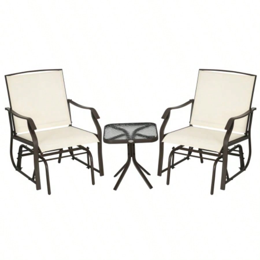 Outsunny 3 Piece Outdoor Glider Chair with Coffee Table Bistro Set, 2 Patio Rocking Swing Chairs with Breathable Sling Fabric, Glass Tabletop, Backyard, Garden and Porch, White
