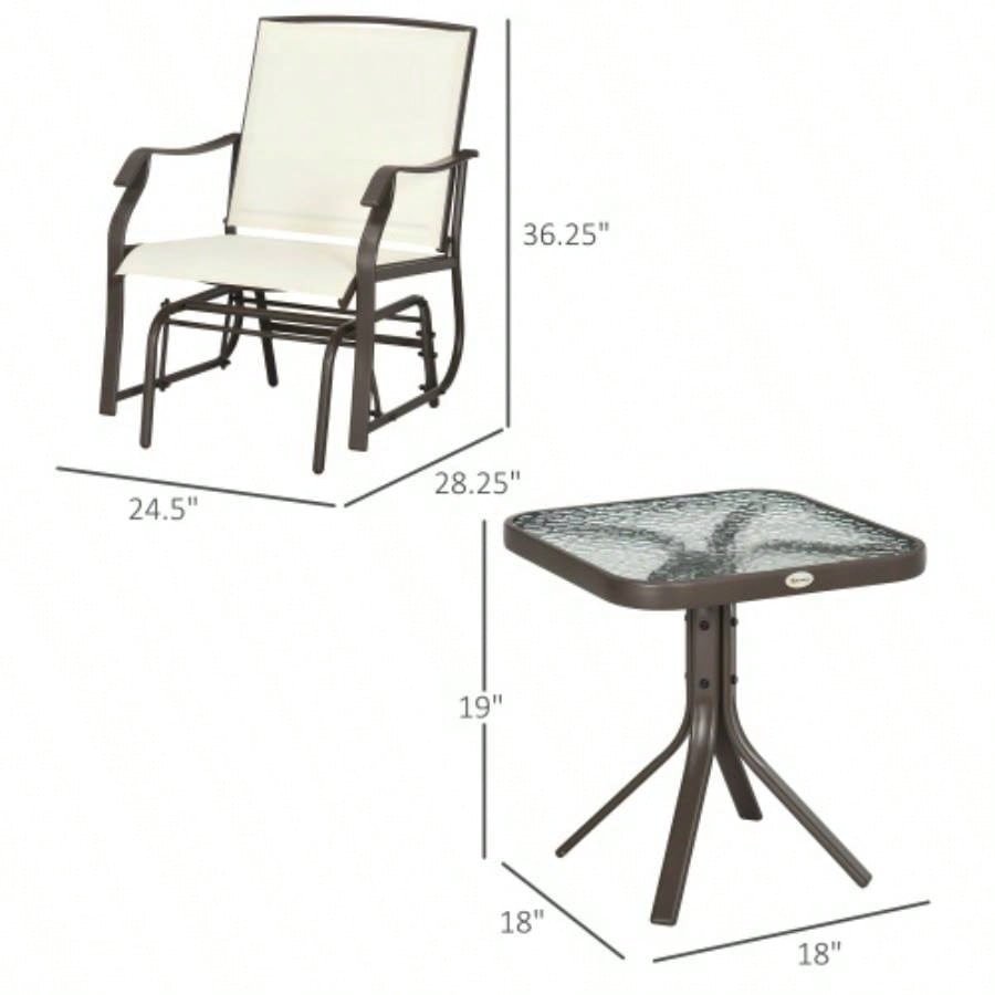 Outsunny 3 Piece Outdoor Glider Chair with Coffee Table Bistro Set, 2 Patio Rocking Swing Chairs with Breathable Sling Fabric, Glass Tabletop, Backyard, Garden and Porch, White