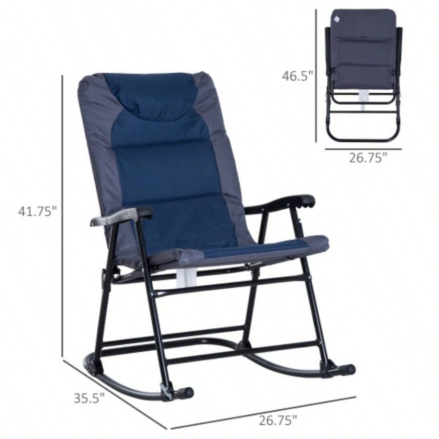 Outsunny 2 Piece Outdoor Rocking Chair Set, Patio Furniture Set with Folding Design, Armrests Porch, Camping, Balcony, Navy Blue