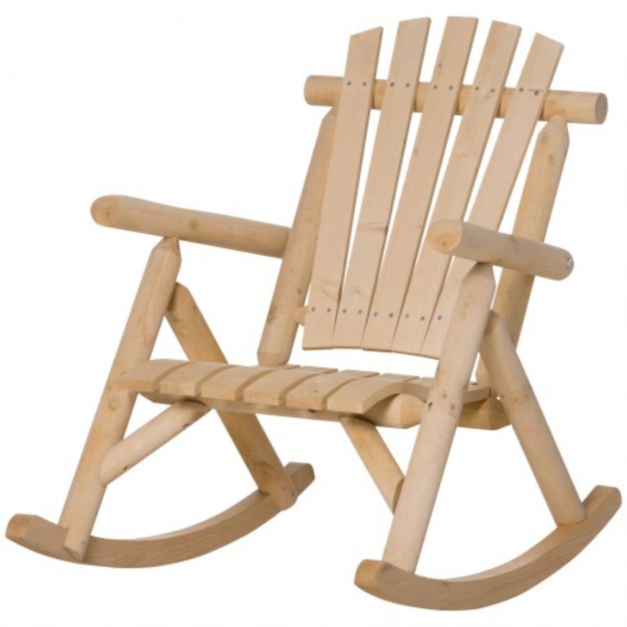 Outsunny Outdoor Wooden Rocking Chair, Single - Person Rustic Adirondack Rocker with Slatted, High Backrest, Armrests Patio, Garden and Porch, Natural