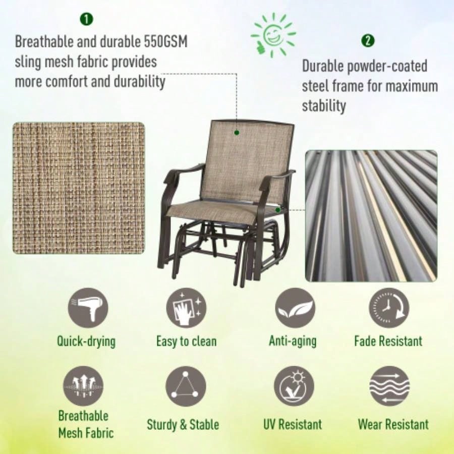 Outsunny 3 Piece Outdoor Glider Chair with Coffee Table Bistro Set, 2 Patio Rocking Swing Chairs with Breathable Sling Fabric, Glass Tabletop, Backyard, Garden and Porch, Mixed Brown