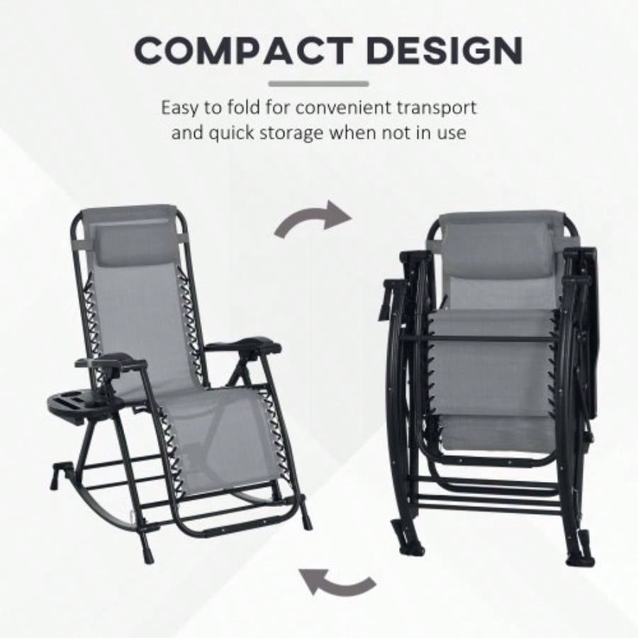 Outsunny 2 Pieces Outdoor Rocking Chairs, Foldable Reclining Zero Lounge Rocker with Pillow, Cup Phone Holder, Combo Design with Folding, Gray