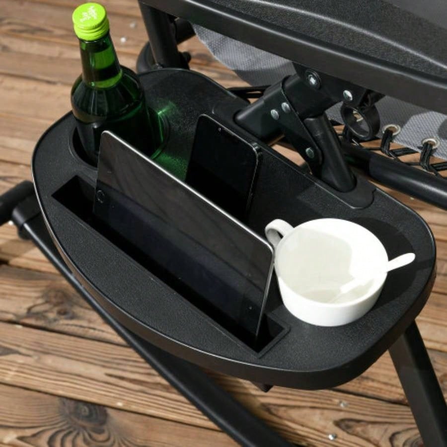 Outsunny 2 Pieces Outdoor Rocking Chairs, Foldable Reclining Zero Lounge Rocker with Pillow, Cup Phone Holder, Combo Design with Folding, Gray